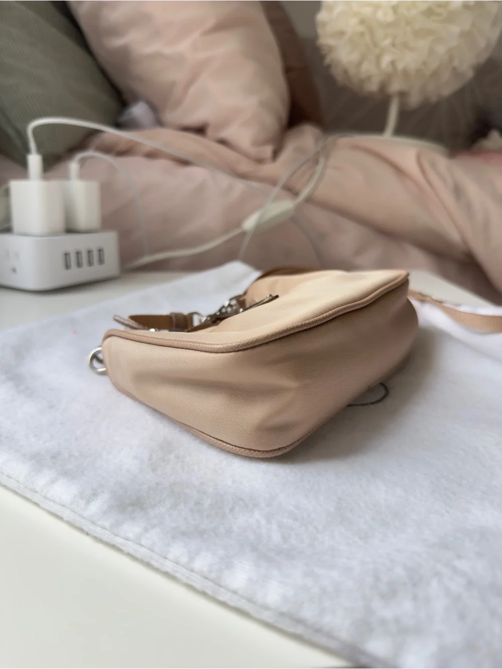 Prada Mini Nylon Shoulder Bag in Beige with Silver Chain - Picture 8 of 11
